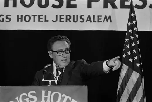 Henry Kissinger, the American Secretary of State, attends a press conference at the Kings Hotel in Jerusalem, during a trip with President Nixon to the Middle East.