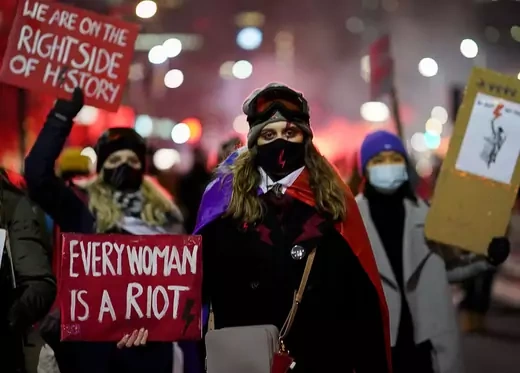 Demonstrators takes part in a protest against the verdict restricting abortion rights in Warsaw in January 2021.