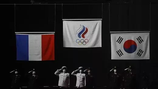 The Russian Olympic flag is displayed during the Tokyo games.