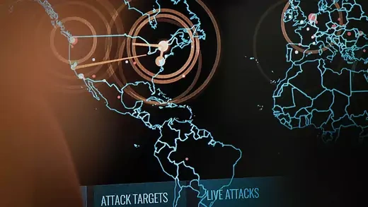 Exercise on cyberwarfare and security shows a map with circular targets.