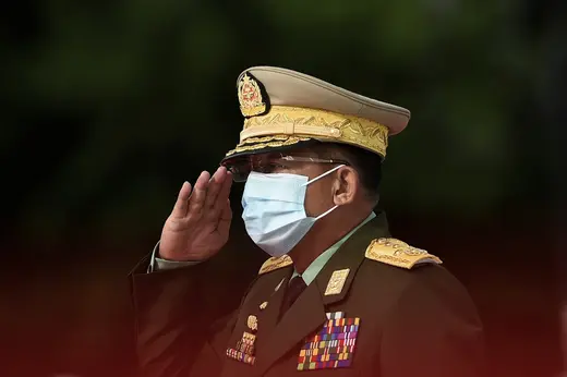 Myanmar's Army Chief Min Aung Hlaing salutes during the Martyrs' Day ceremony in Yangon on July 19, 2020.