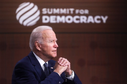 U.S. President Joe Biden convenes a virtual summit with leaders from democratic nations at the State Department's Summit for Democracy, at the White House, in Washington, U.S. December 9, 2021.