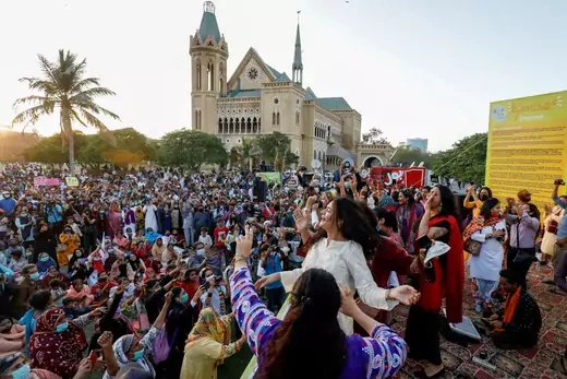 People participate in Aurat March or Women's March, to mark the International Women's Day in Karachi, Pakistan March 8, 2021.