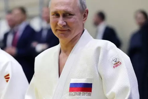 Russian President Vladimir Putin trains with members of the Russian national judo team in Sochi on February 14, 2019.