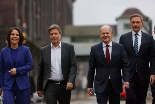 Christian Lindner, leader of the German Free Democrats (FDP), Olaf Scholz, SPD member and likely next German chancellor, Annalene Baerbock and Robert Habeck, co-leaders of the Greens Party, Christian Lindner, leader of the German Free Democrats (FDP), arrive to present their mutually-agreed on coalition contract on November 24, 2021 in Berlin, Germany.