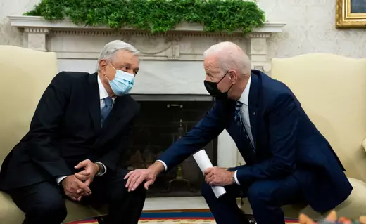  U.S. President Joe Biden (R) meets with Mexican President Andres Manuel Lopez Obrador (L) in the Oval Office of the White House November 18, 2021 in Washington, DC.