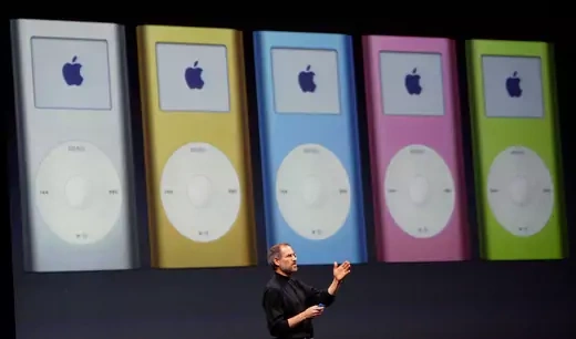 Apple CEO Steve Jobs announces the new mini iPod available in five colors during a keynote address at Macworld January 6, 2004 in San Francisco.