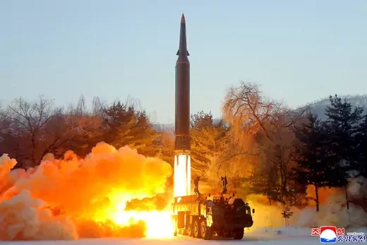 A view of what state news agency KCNA reports is the test firing of a hypersonic missile at an undisclosed location in North Korea on January 5, 2022.
