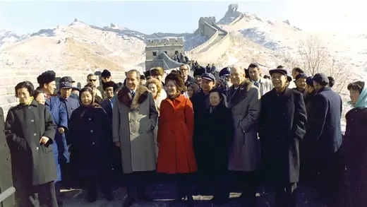 President Nixon and first lady Pat Nixon among a group of people at the Ba Da Ling portion of the Great Wall, in China in 1972.