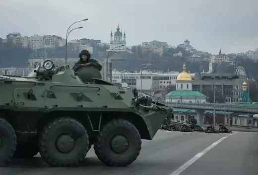 Ukrainian National Guard patrols the streets of Kyiv, Ukraine.