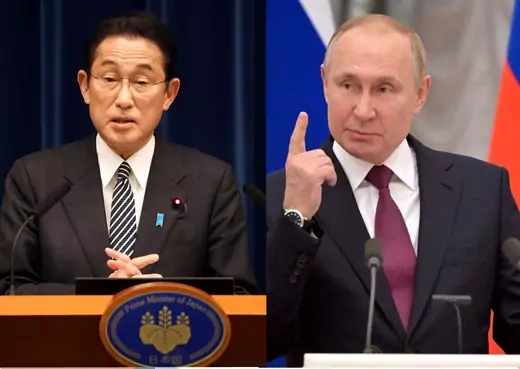 Japanese Prime Minister Fumio Kishida in Tokyo, Japan December 21, 2021, and Russian President Vladimir Putin in Moscow, Russia February 15, 2022