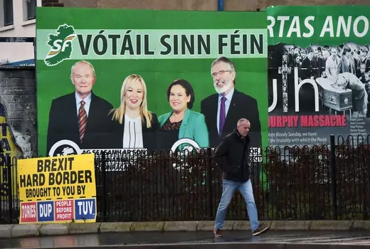 Sinn Fein election posters and billboards on view along the nationalist Falls road on March 1, 2017 in Belfast, Northern Ireland.