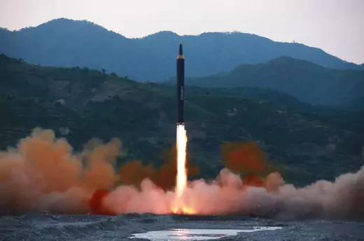 This picture taken on May 14, 2017 and released from North Korea's official Korean Central News Agency (KCNA) on May 15 shows a test launch of the ground-to-ground medium long-range strategic ballistic rocket Hwasong-12 at an undisclosed location. 