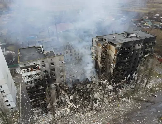An aerial view shows a residential building destroyed by shelling, as Russia's invasion of Ukraine continues, in the settlement of Borodyanka in the Kyiv region, Ukraine, on March 3, 2022.