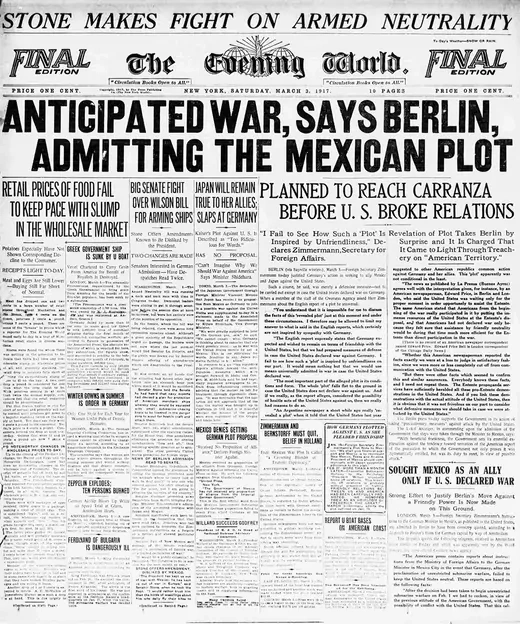 The front page of the Evening World newspaper reveals Germany’s plan to conspire with Mexico against the United States during World War I.