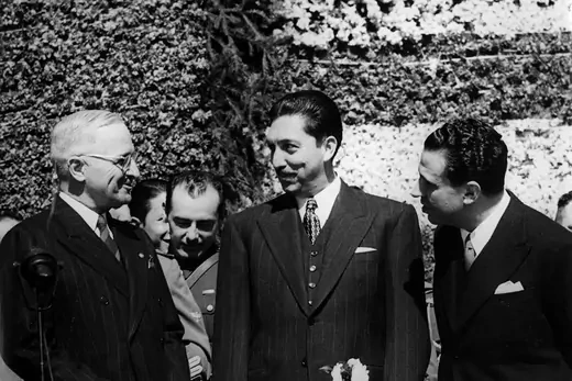 Black and white photo showing President Harry Truman meeting with Mexican President Miguel Aleman in Mexico City.