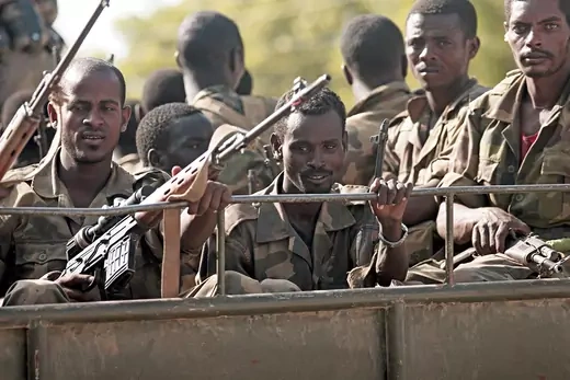 Ethiopian troops ride on a military truck in Somali's capital Mogadishu.