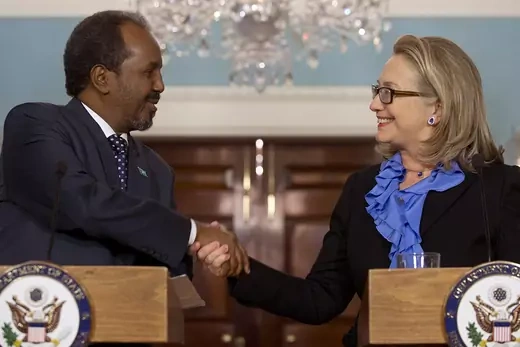 Hillary Clinton shakes hands with Somali President Hassan Sheikh Mohamud at the State Department. 