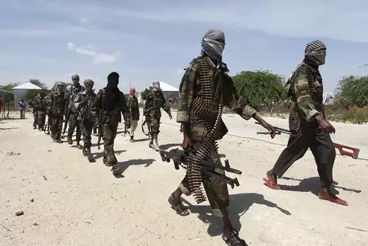 Al-Shabab militants patrol southern Mogadishu.