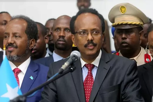 Mohamed Farmaajo addresses lawmakers after winning the presidency.