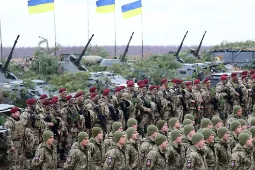 Ukrainian airborne troops stand in formation during drills in November 2021.