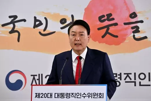 South Korea's President-Elect Yoon Suk-yeol speaks during a news conference to address his relocation plans of the presidential office, at his transition team office, in Seoul, South Korea on March 20, 2022.