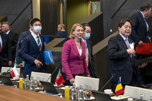 Foreign Minister for Japan Yoshimasa Hayashi and Foreign Minister for Norway Anniken Huitfeldt at the meeting of NATO Ministers of Foreign Affairs, NATO Headquarters, Brussels, April 7, 2022