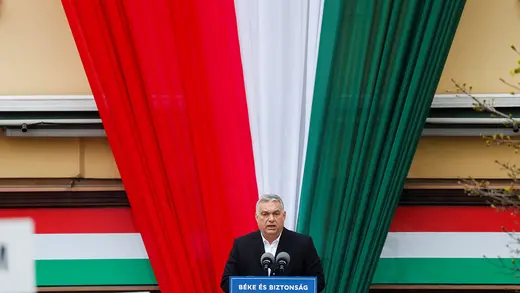 Hungarian Prime Minister Viktor Orban speaks during the closing rally of his electoral campaign in Szekesfehervar, Hungary, on April 1, 2022.