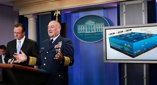 Admiral Thad Allen speaking at the white house briefing room about the federal BP oil spill relief effort in the Gulf of Mexico.