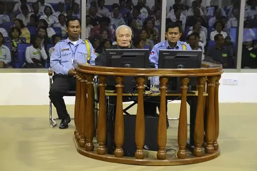 Former Khmer Rouge leader Nuon Chea sits before the Cambodian Genocide Tribunal.