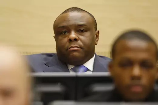 Former Congolese Vice President Jean-Pierre Bemba looking at camera in court in The Hague.