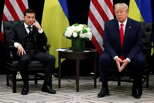 Ukrainian President Volodymyr Zelensky listens during a bilateral meeting with U.S. President Donald J. Trump on the sidelines of the UN General Assembly.