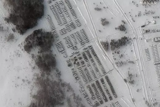 A satellite image shows tanks and other military equipment in the Russian town of Yelnya, about 160 miles from the Ukraine border, in January 2022.