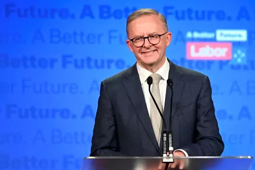 Anthony Albanese, leader of Australia's Labor Party, addresses supporters after incumbent Prime Minister and Liberal Party leader Scott Morrison conceded defeat in the country's general election, in Sydney, Australia, on May 21, 2022.
