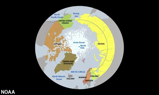 A map of the eight countries in the Arctic Circle.