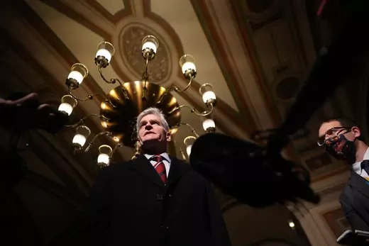 US Senator Bill Cassidy (R-LA) talks with reporters as he leaves the Capitol after the first day of former US President Donald Trump's second impeachment trial February 9, 2021 