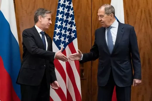 US Secretary of State Antony Blinken (L) greets Russian Foreign Minister Sergey Lavrov before their meeting, in Geneva, on January 21, 2022.