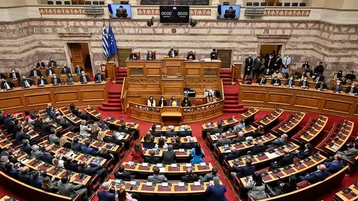 Ukraine's President Volodymyr Zelensky virtually speaking at Greek Parliament in Athens 