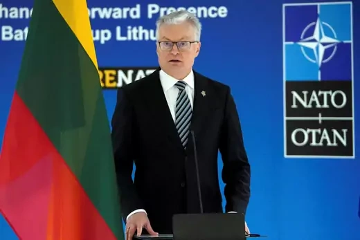 Lithuanian President Gitanas Nauseda speaks during a news conference in Rukla, Lithuania, on February 9, 2022.