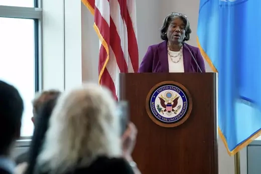 Linda Thomas-Greenfield, U.S. ambassador to the United Nations, introduces U.S. Secretary of State Antony Blinken before a town hall at the U.S. Mission to the United Nations with members of staff in New York City, U.S., May 19, 2022.