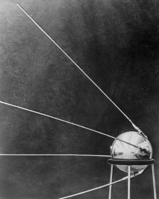 A photograph of the Soviet satellite Sputnik I. It looks like an orb with 4 antennas.