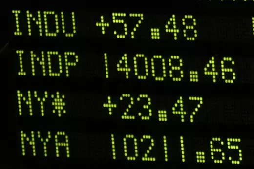 Photo of numbers on the board showing the Dow Jones Industrial Average as the stocks rise above 14,000.