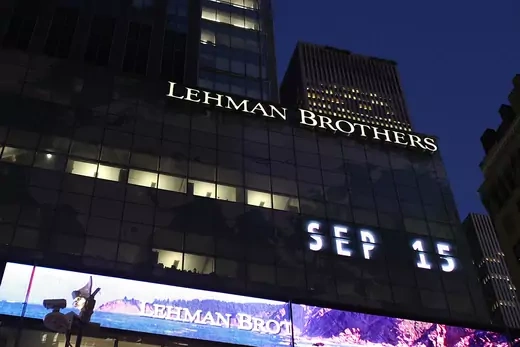 Photo showing Lehmann Brothers headquarters in Manhattan, at dusk.