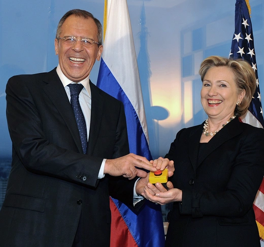 Photo showing Russian Foreign Minister Sergey Lavrov and U.S. Secretary of State Hillary Clinton in Geneva, pressing the “reset button” in relations between the countries.