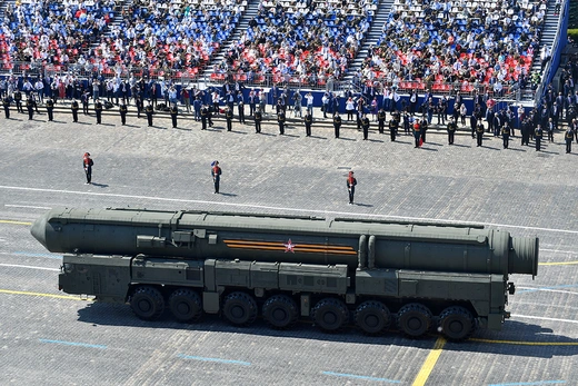 Photo showing a Russian intercontinental ballistic missile being driven during the Victory Day Parade in Red Square in Moscow.