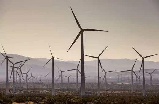 An array of electricity producing wind turbines in California