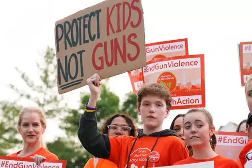 People attend a march and rally against gun violence on June 3, 2022, in Newtown, Connecticut, where almost a decade ago a gunman shot and killed twenty-six people including twenty children at Sandy Hook Elementary School.