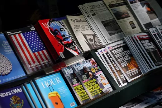 A news stand outfitted with "Fake News" headlines as a stunt pulled off by the Columbia Journalism Review is pictured in the Manhattan borough of New York