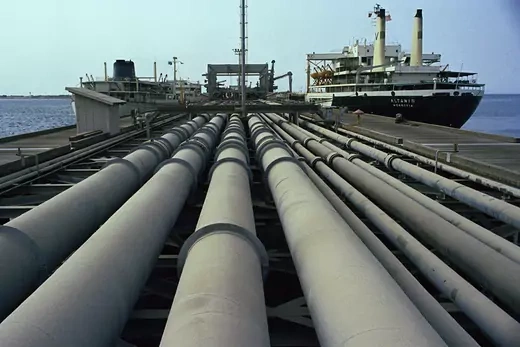 A view of the pipes and a tanker on Kharg jetty in Iran.