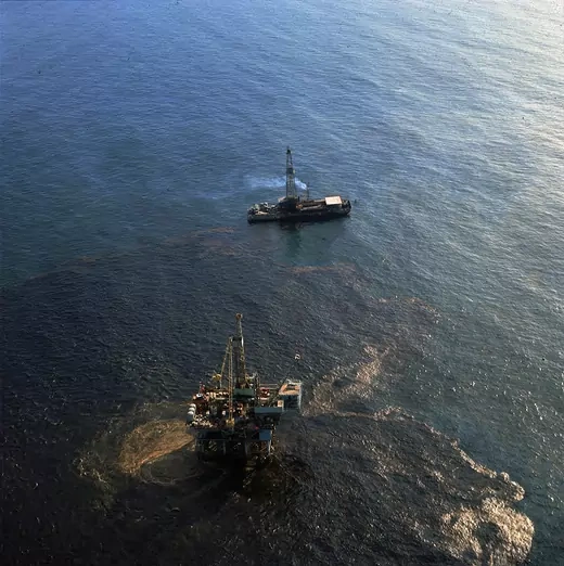 Aerial photo of the drilling platform that spilled 200,000 gallons of crude oil near Santa Barbara, California.